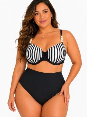 Plus Size Black & White Stripe Underwire Bikini Top and High Waist Bottom